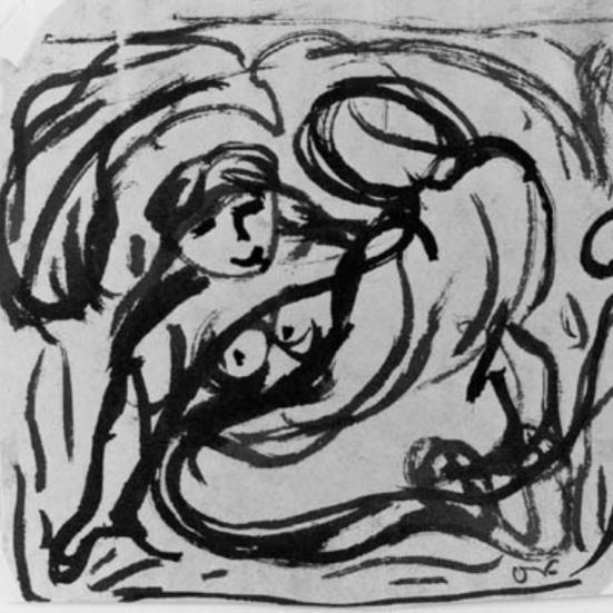 Sort-hvid akvarel af to kvinder 