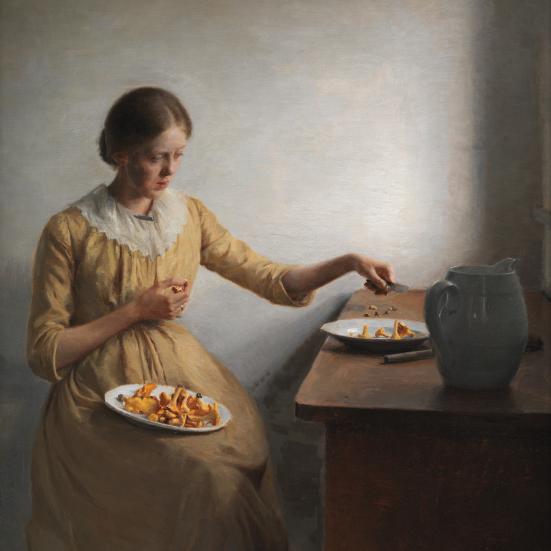 En unge pige der renser kantereller (1892) af Peter Ilsted. Fra SMK Open