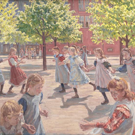 Maleri af legende børn på Enghave Plads i starten af 1900-tallet, af Peter Hansen