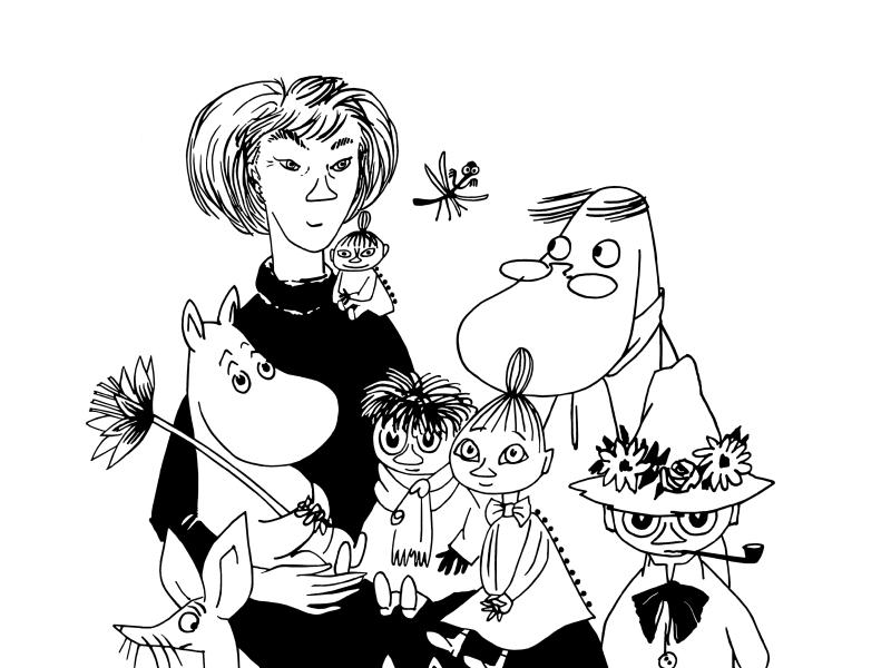 Tove Jansson’s selfportait with the Moomins. © Moomin ™