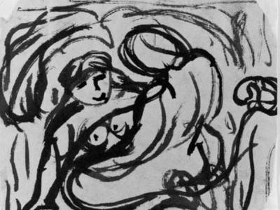 Sort-hvid akvarel af to kvinder 