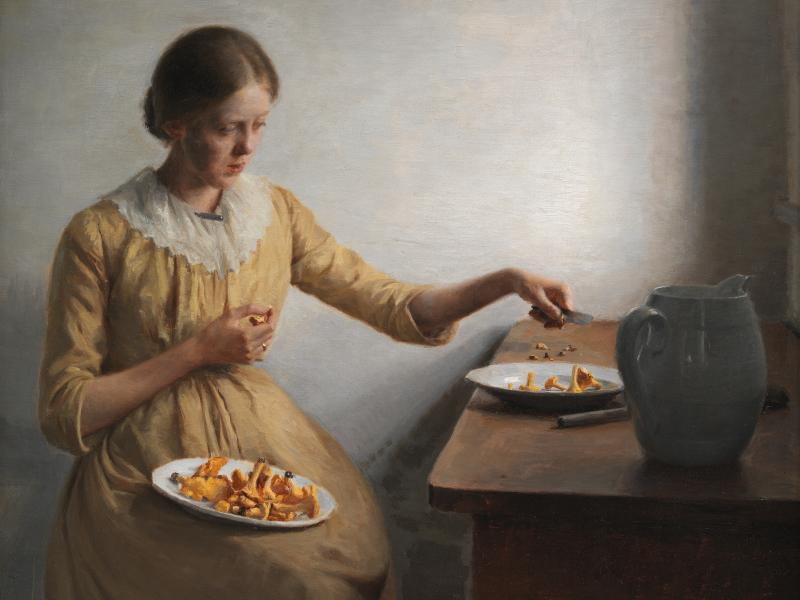 En unge pige der renser kantereller (1892) af Peter Ilsted. Fra SMK Open