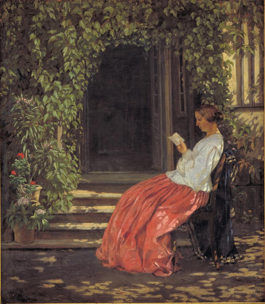 'Læsende dame uden for en havedør' 1843 - 1903. Maleri af Vilhelm Kyhn