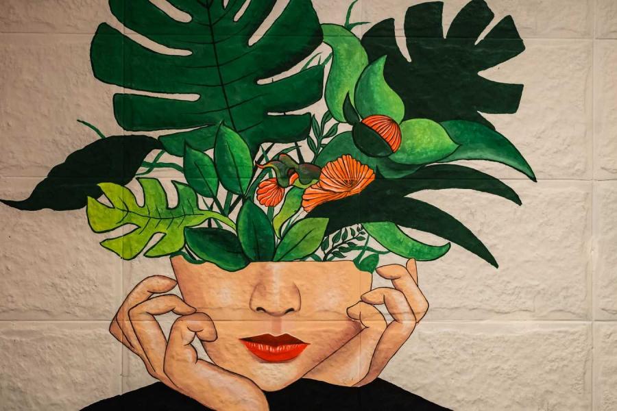 Maleri af kvinde med et halvt hoved, der fungerer som vase for blade og blomster i. Foto fra Unsplash
